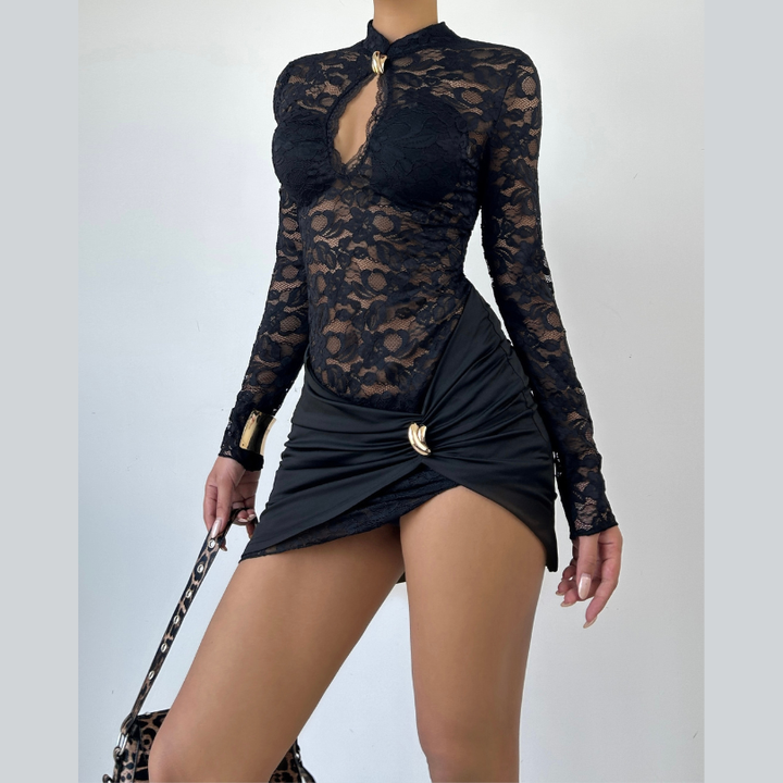 Long sleeve hollow out lace cut out mini dress  | Festival Outfits Women-final-sale