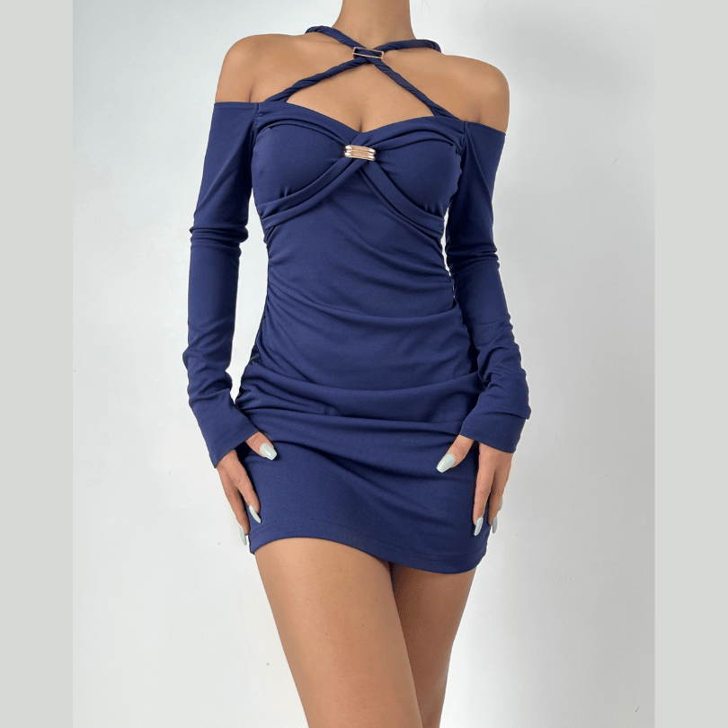 Cross front off shoulder ruched solid mini dress  | Festival Outfits Women