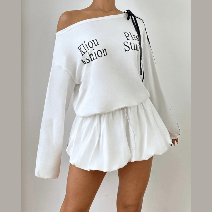 Irregular long sleeve ruched letter pattern mini dress  | Festival Outfits Women