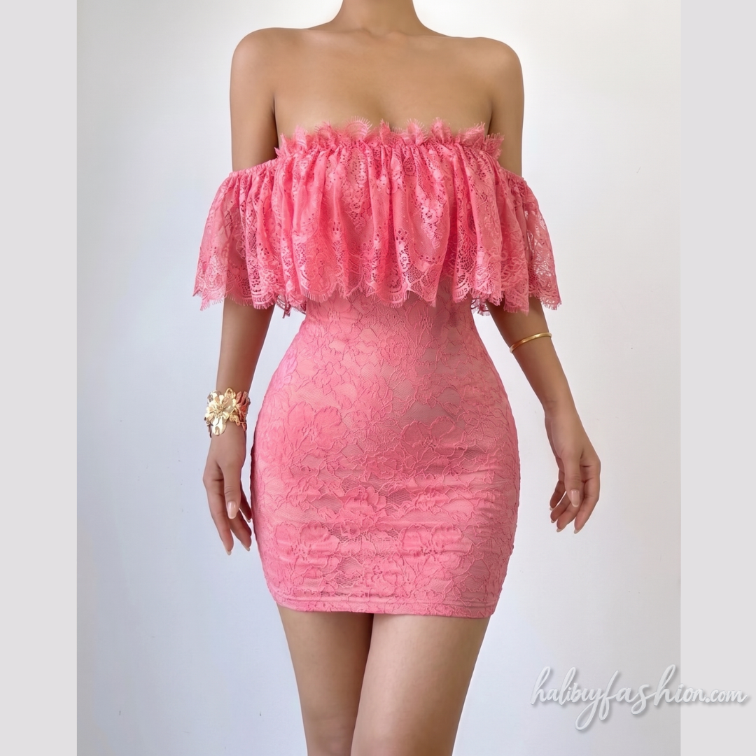 Off shoulder ruched lace tube mini dress - Halibuy