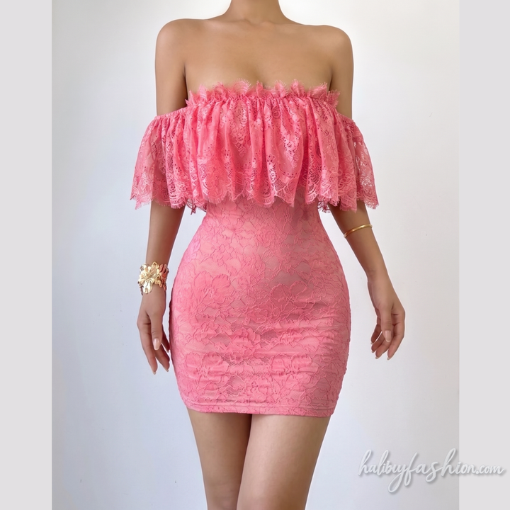 Off shoulder ruched lace tube mini dress - Halibuy