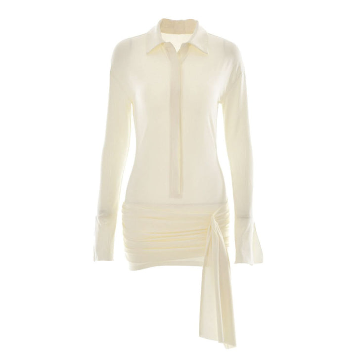 Turnover collar long sleeve button ruched mini dress  | Festival Outfits Women