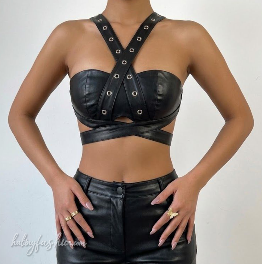 Cross front backless button PU leather hollow out crop cut out top