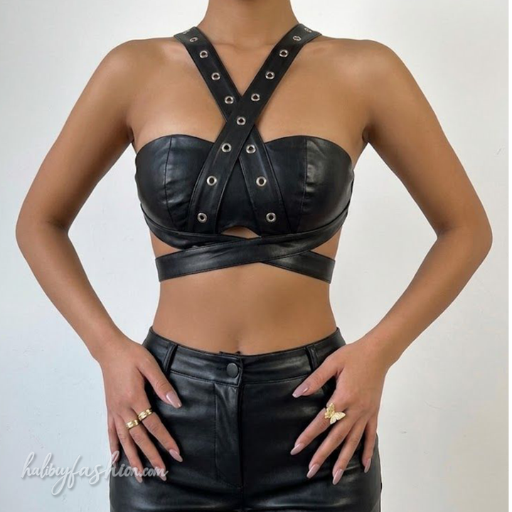 Cross front backless button PU leather hollow out crop cut out top