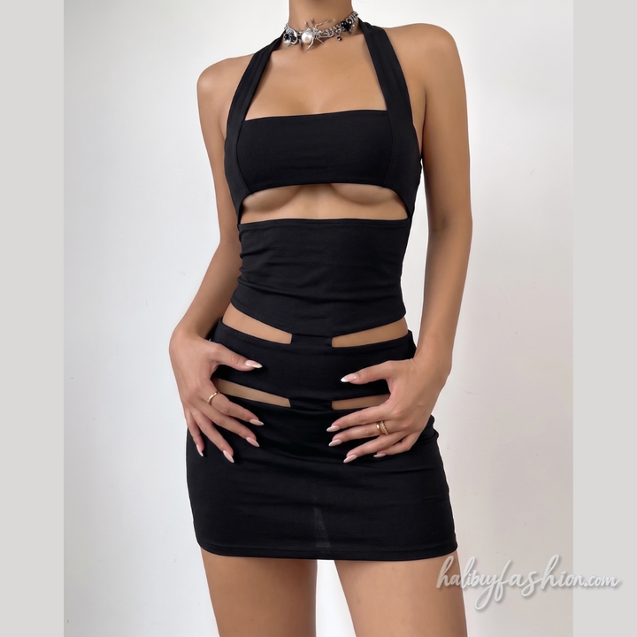 Halter hollow out square neck solid mini dress