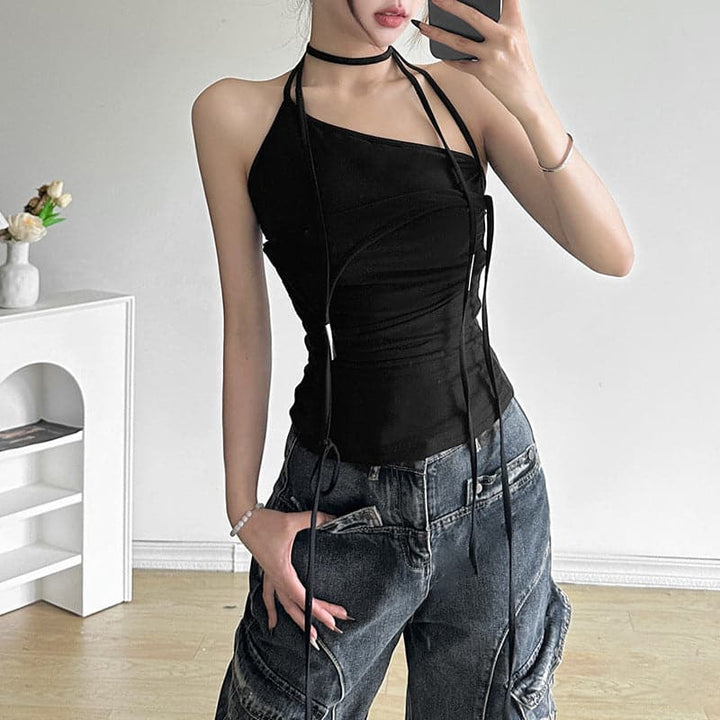 Halter backless solid ruched top  | Festival Outfits Women-final-sale