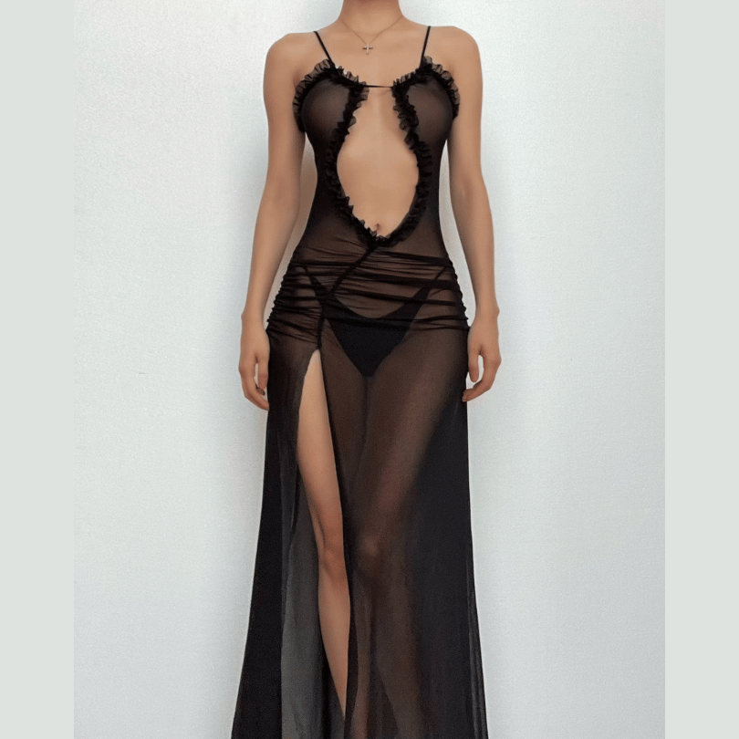Sheer mesh hollow out ruched high slit cami cut out maxi dress  | Festival Outfits Women