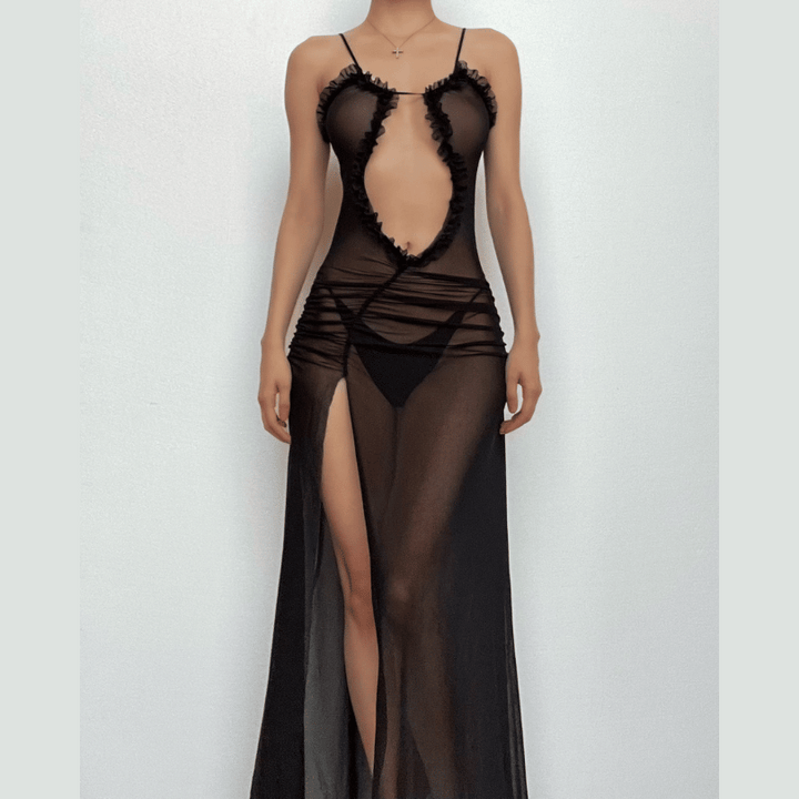 Sheer mesh hollow out ruched high slit cami cut out maxi dress  | Festival Outfits Women