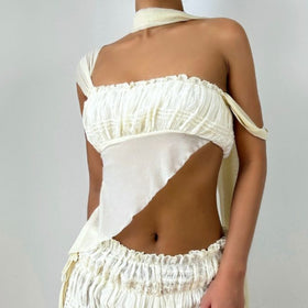 Ruched irregular square neck solid tank top  | Festival Outfits Women-final-sale