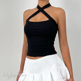 Cross front self tie hollow out solid ribbed cut out top