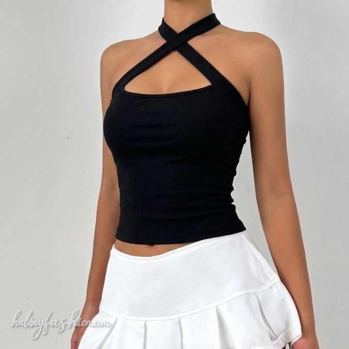 Cross front self tie hollow out solid ribbed cut out top