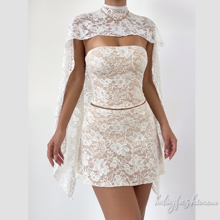 Lace shrug button 3 piece mini skirt set