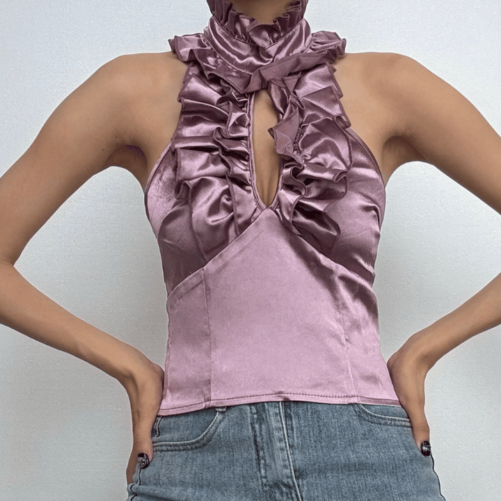 Halter ruffle ruched satin backless top-final-sale  | Festival Outfits Women