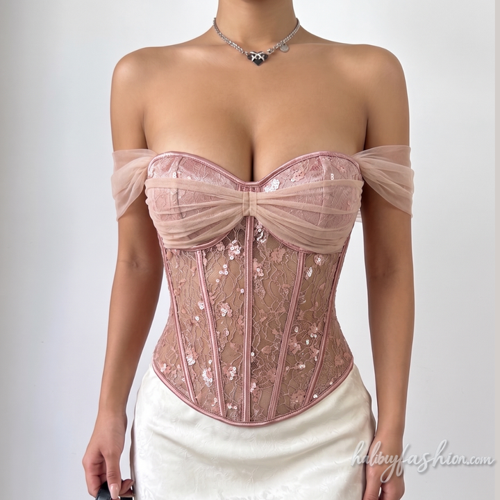 Lace ruched corset lace up glitter top