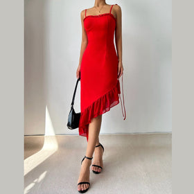 Irregular ruffle self tie solid cami midi dress  | Festival Outfits Women-final-sale