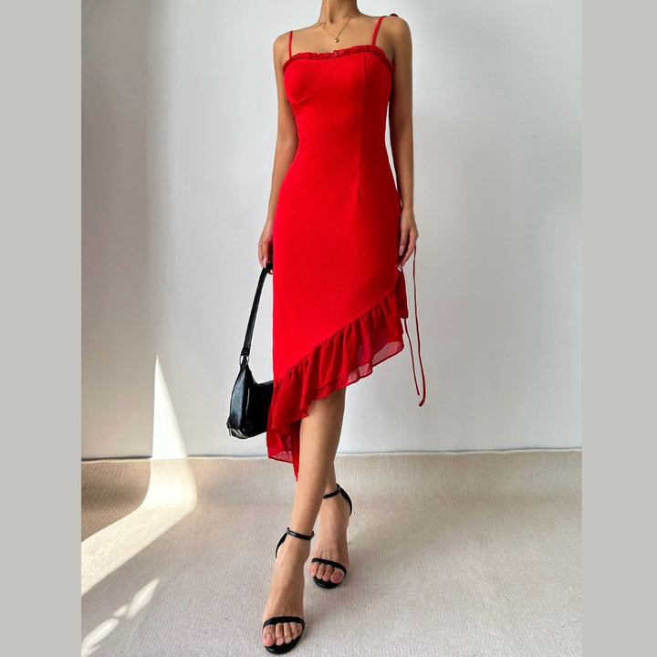 Irregular ruffle self tie solid cami midi dress  | Festival Outfits Women-final-sale