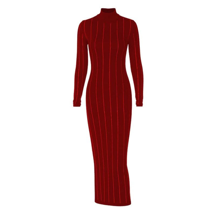 Long sleeve high neck beaded solid midi dress-final-sale  | Festival Outfits Women