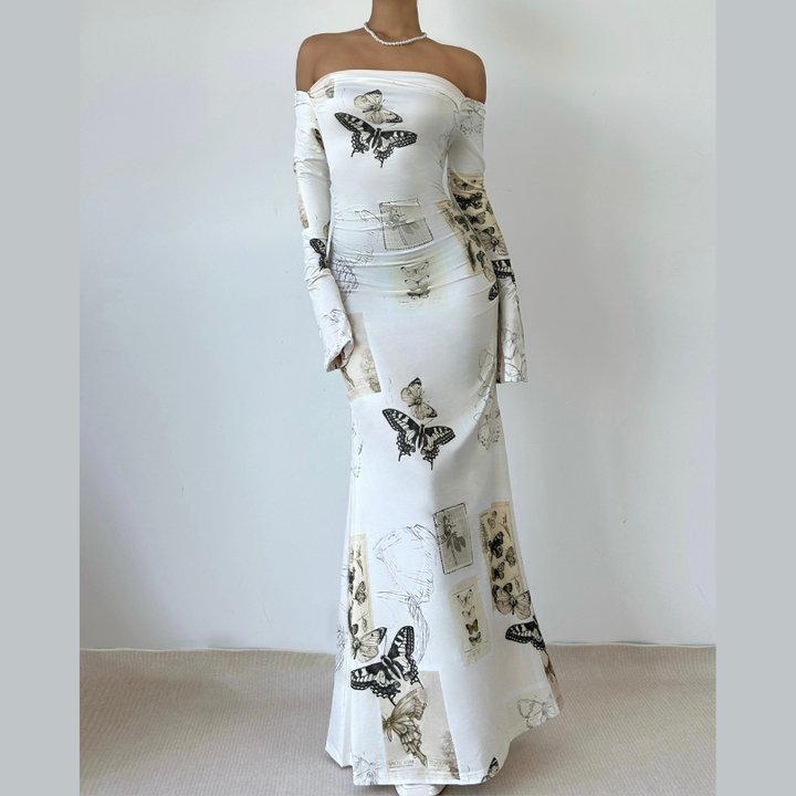 Long sleeve butterfly print off shoulder ruched maxi dress  | Festival Outfits Women