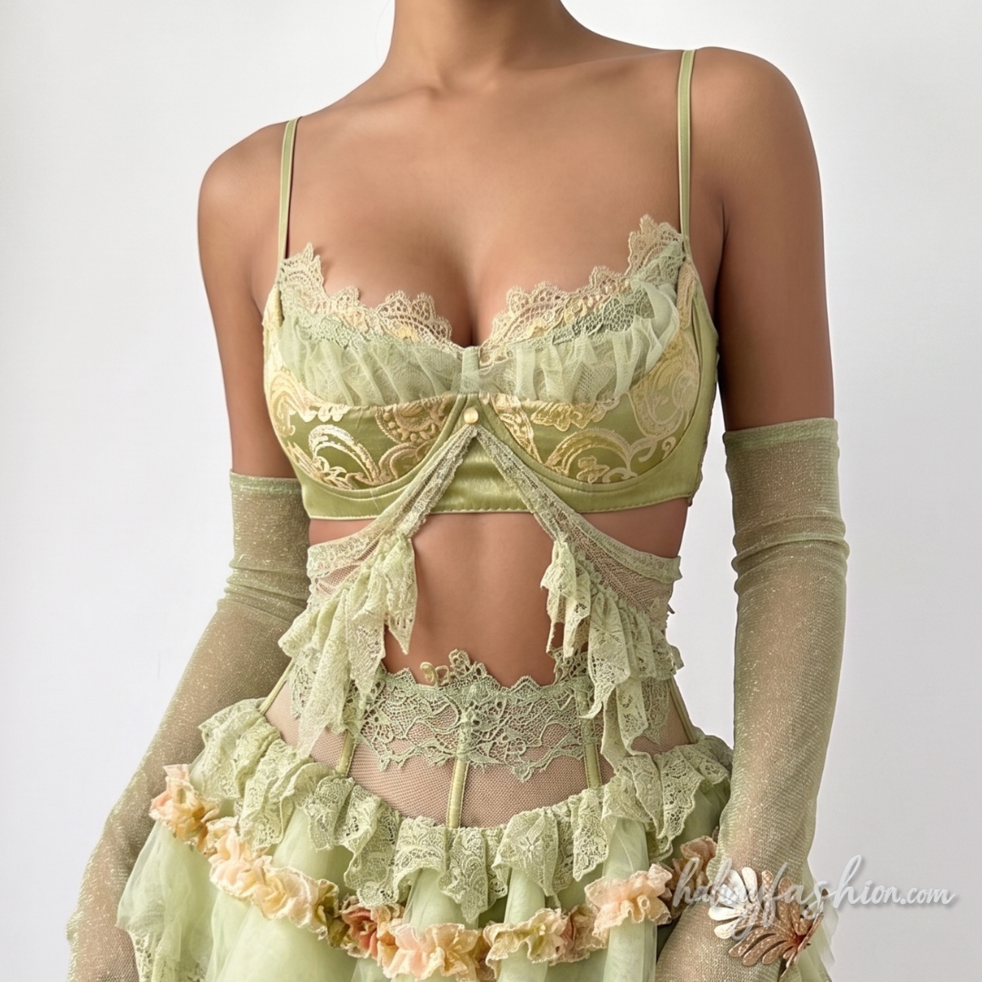 Lace hem hollow out ruched cami crop top
