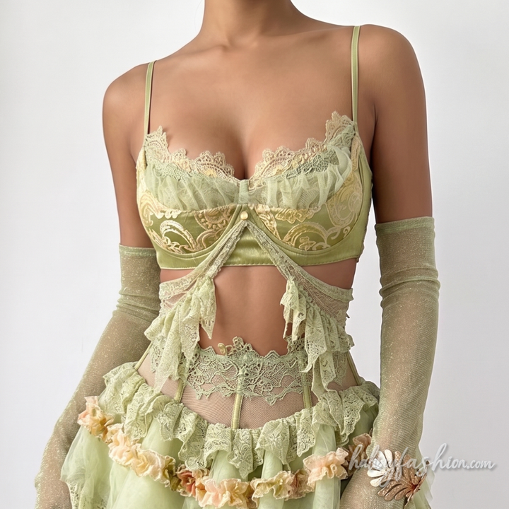Lace hem hollow out ruched cami crop top
