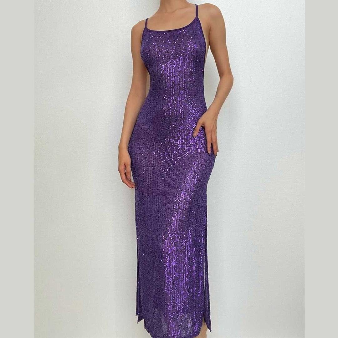 Glitter u neck see through backless cami maxi dress-final-sale  | Festival Outfits Women
