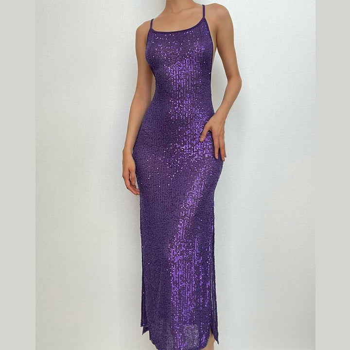 Glitter u neck see through backless cami maxi dress-final-sale  | Festival Outfits Women