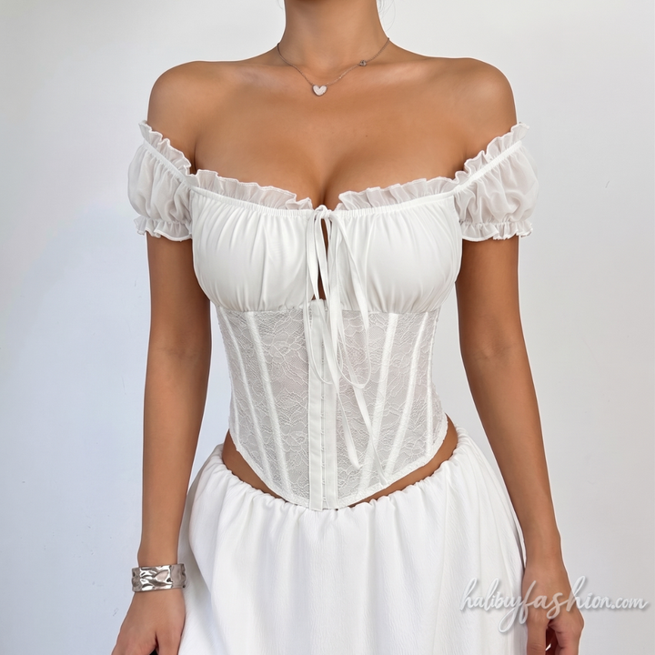 Ruffle self tie hollow out ruched lace corset top - Halibuy - 4