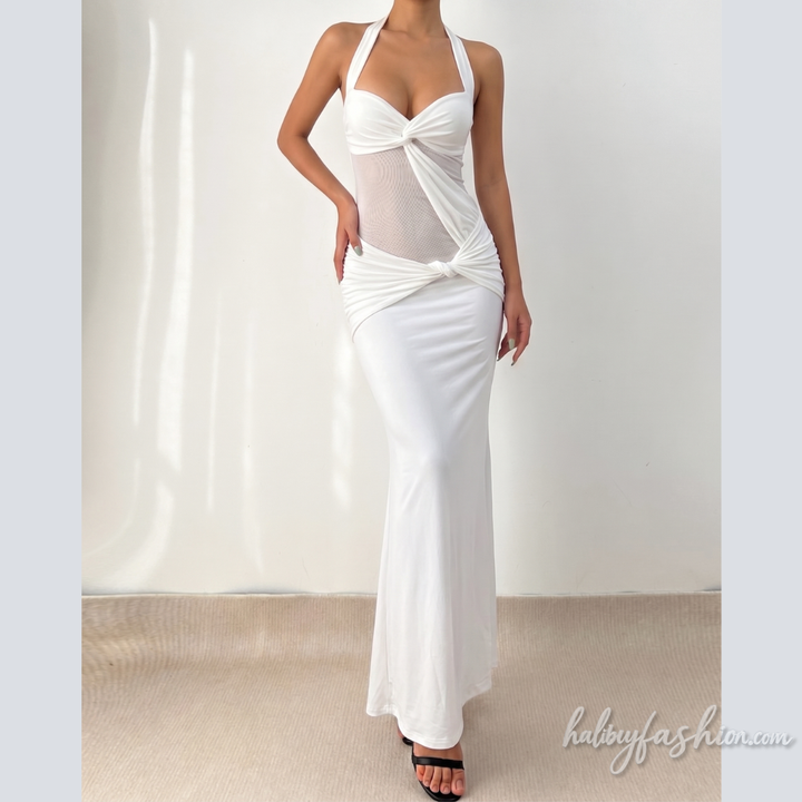Ruched halter self tie v neck backless maxi dress - Halibuy