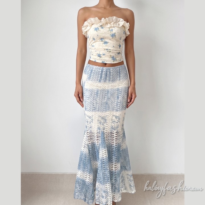 Ruffle flower print hollow out tube maxi skirt set - Halibuy