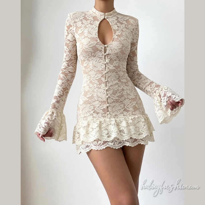 Long flared sleeve lace hollow out button mini dress