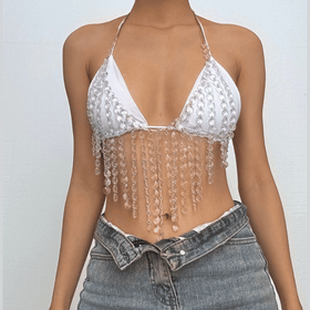 Halter crystal tassels beaded hollow out cut out top  | Festival Outfits Women