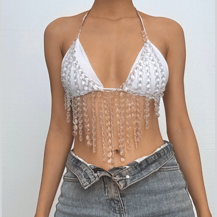 Halter crystal tassels beaded hollow out cut out top  | Festival Outfits Women