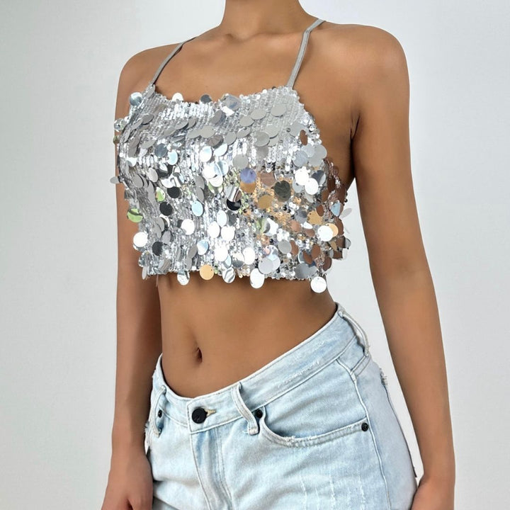 Glitter cross back self tie cami top  | Festival Outfits Women-final-sale