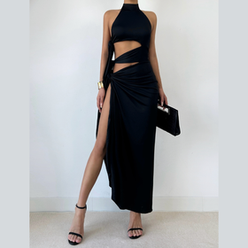 Halter hollow out irregular button slit cut out maxi dress  | Festival Outfits Women