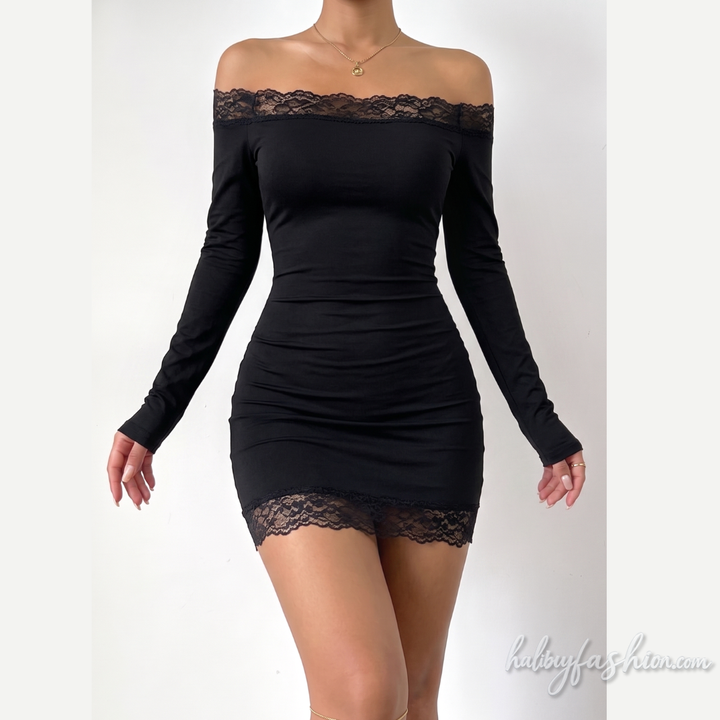 Off shoulder lace hem long sleeve solid mini dress