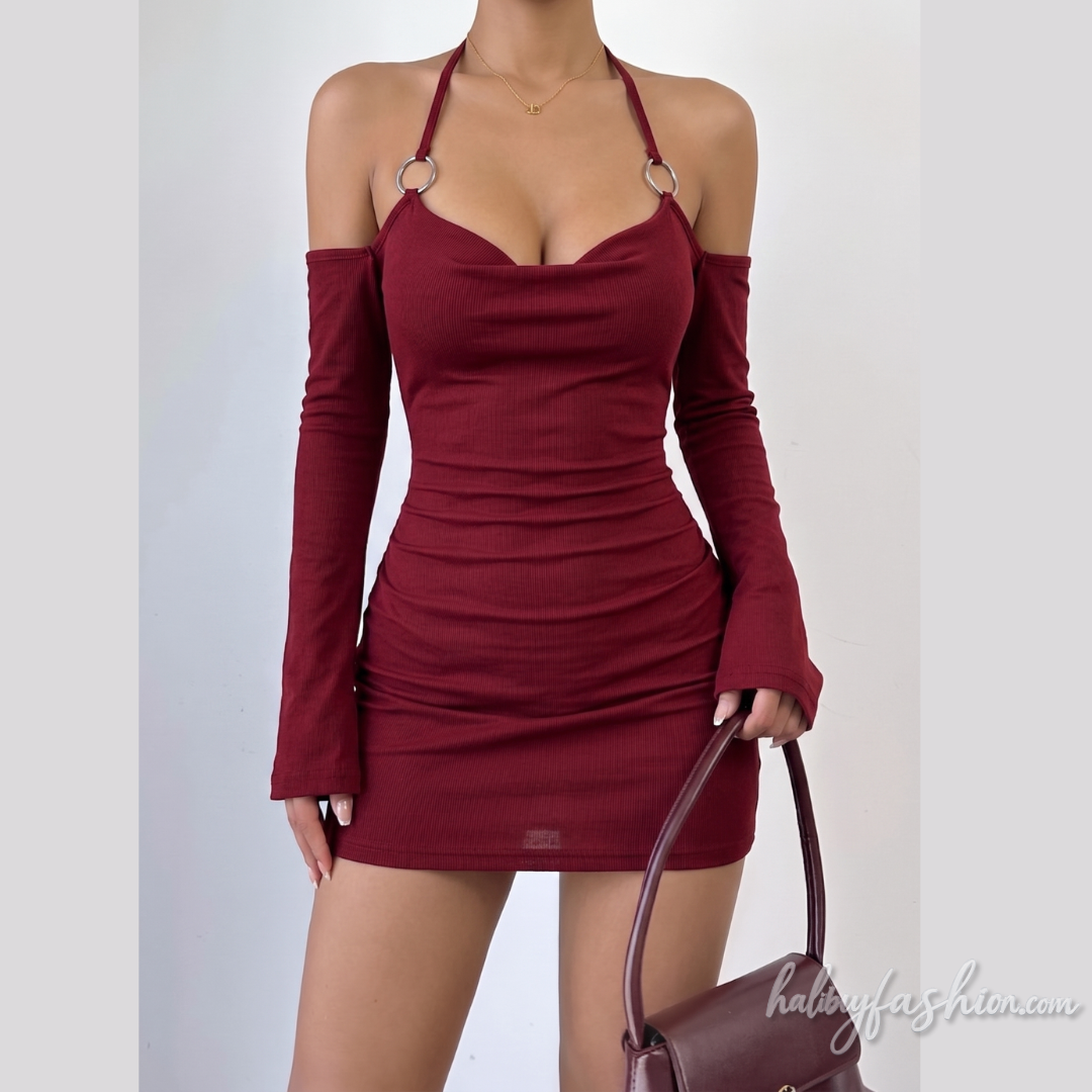 Halter self tie off shoulder long sleeve mini dress