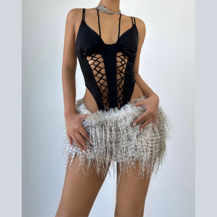 V neck self tie hollow out cami bodysuit  | Festival Outfits Women