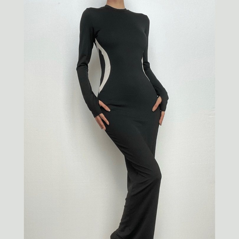 Gloves contrast long sleeve crewneck maxi dress-final-sale  | Festival Outfits Women