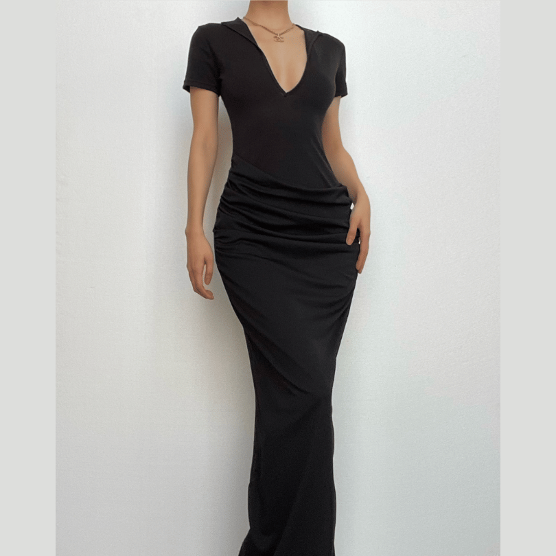 Short sleeve v neck ruched low cut slit solid maxi dress-final-sale  | Festival Outfits Women