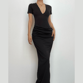 Short sleeve v neck ruched low cut slit solid maxi dress-final-sale  | Festival Outfits Women
