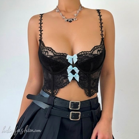 Bowknot lace contrast backless cami top