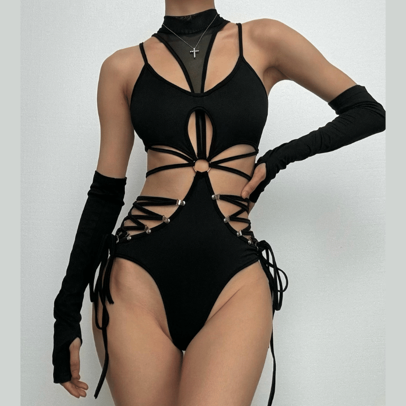 High neck o ring hollow out lace up gloves bodysuit  | Festival Outfits Women