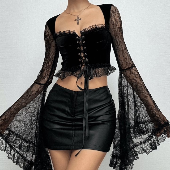 Long flared sleeve velvet lace patchwork ruffle lace up crop top  | Festival Outfits Women