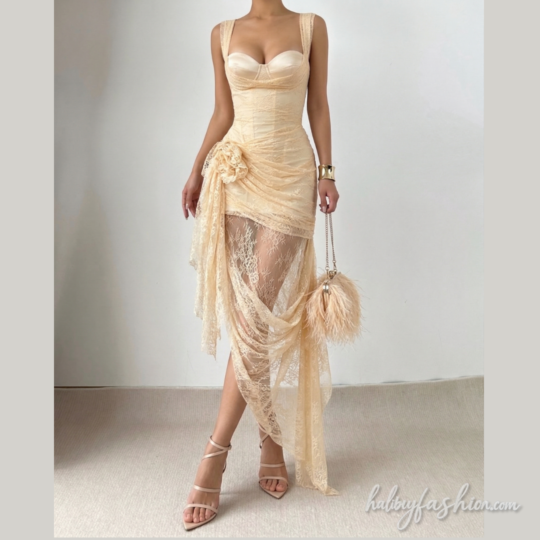 Lace ruched flower applique irregular cami maxi dress