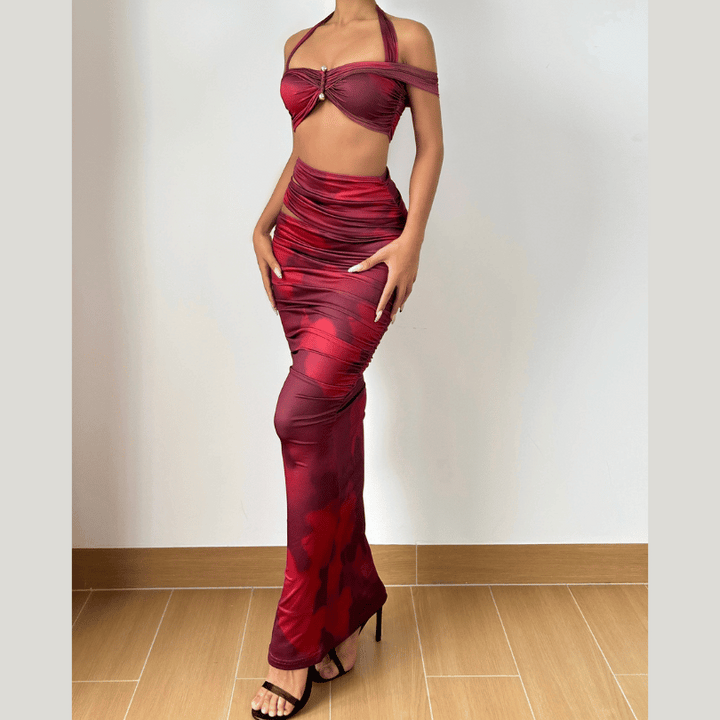 Halter ruched hollow out print v neck maxi skirt set  | Festival Outfits Women
