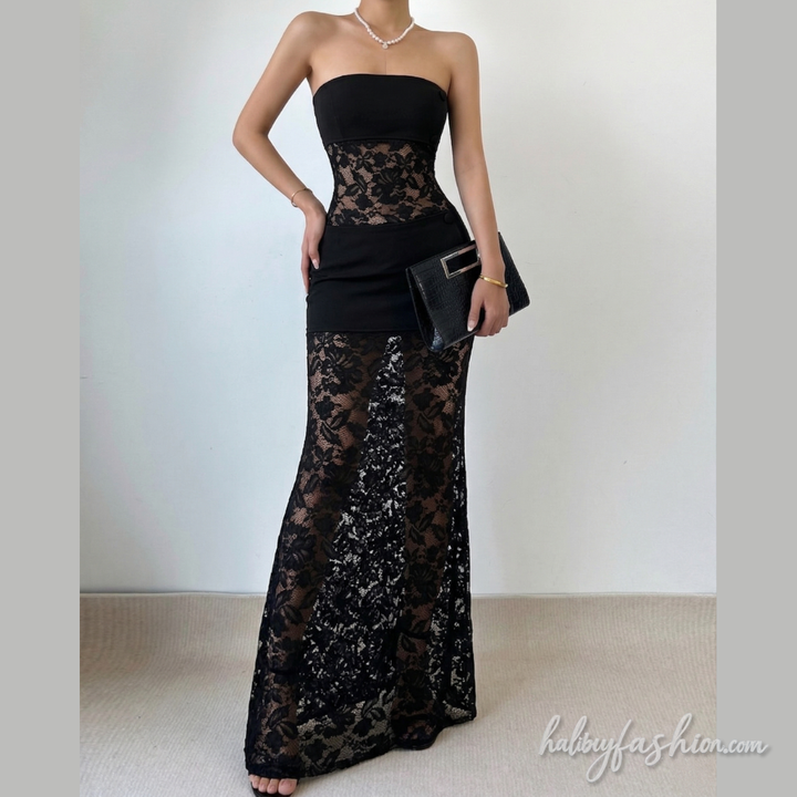Lace solid backless tube maxi dress