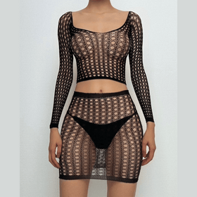 Long sleeve u neck net backless mini skirt set  | Festival Outfits Women