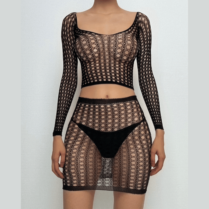 Long sleeve u neck net backless mini skirt set  | Festival Outfits Women