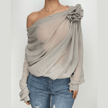 Chiffon flower applique see through off shoulder long sleeve ruched top