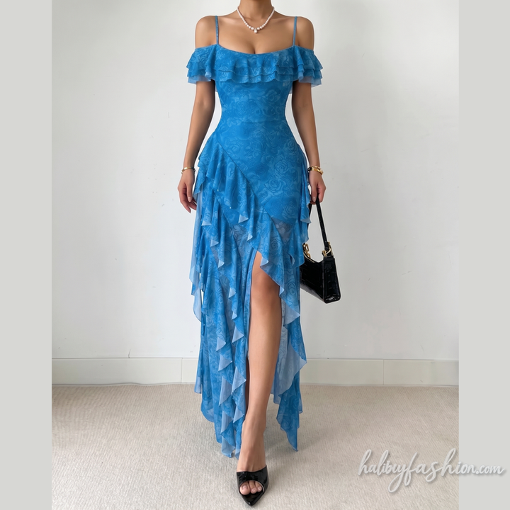 Ruffle irregular slit off shoulder mesh maxi dress